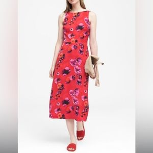 BANANA REPUBLIC Sleeveless Floral A-Line Midi Dress V-back Red Purple Summer